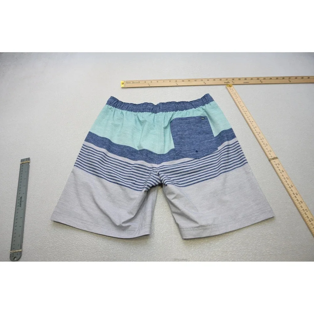 Hurley Swim Trunks Surf Shorts Mens Large Blue Teal Striped Mesh Liner Excellent